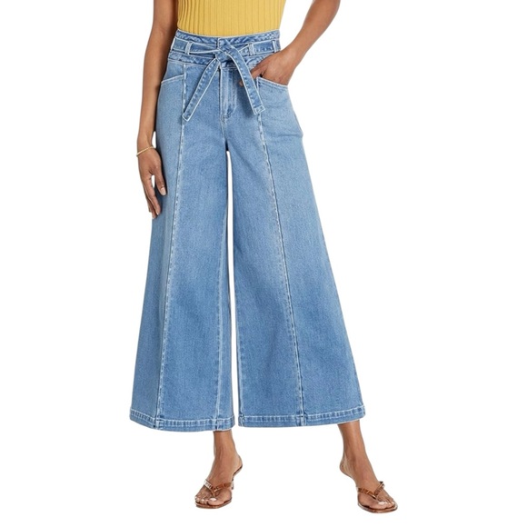 PAIGE Denim - PAIGE Wide Leg Frankie Inset Belted Cropped Blue Bristol Jeans Women’s size 25